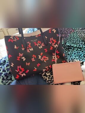 Kate Spade Black Butterfly-Print Tote with Pink Wristlet and Matching Wallet